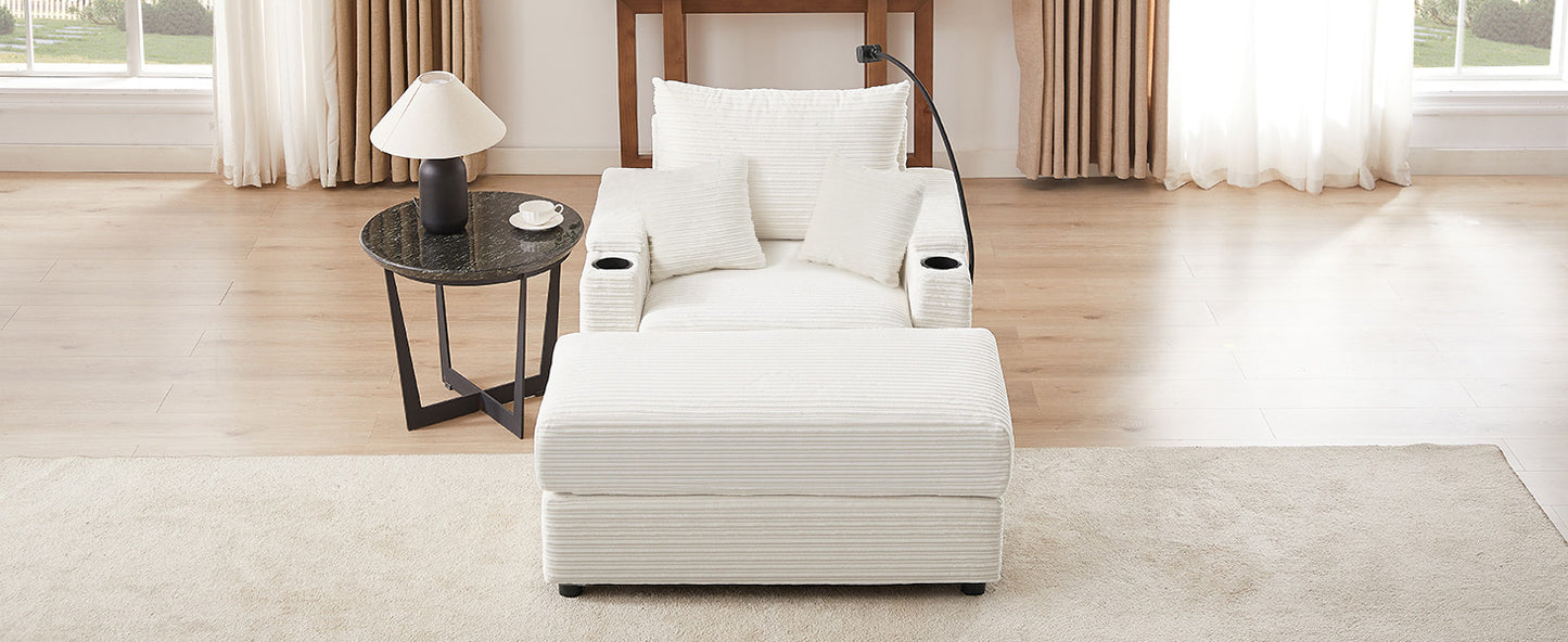 White corduroy accent chair with ottoman and builtin cup holders for ultimate relaxation