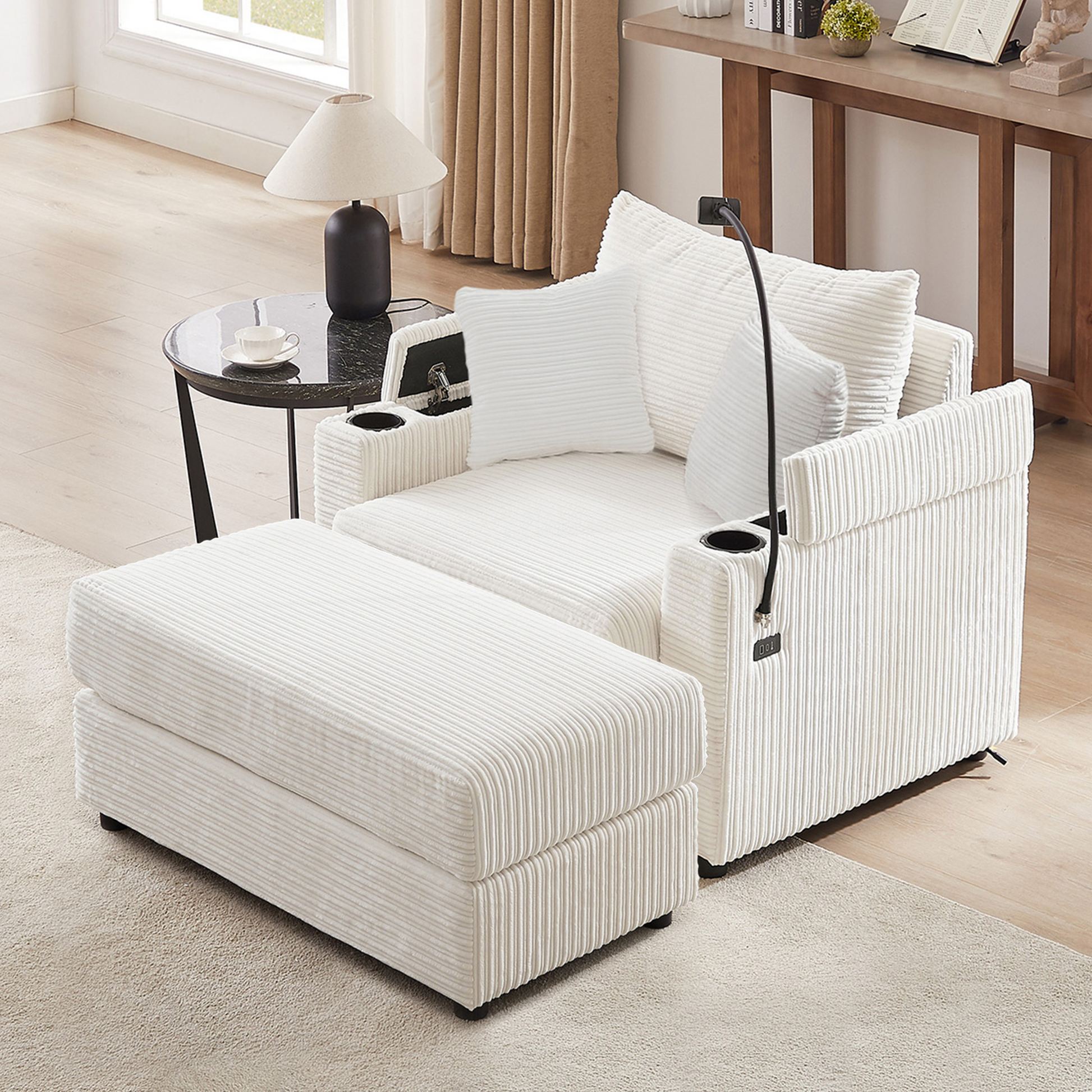 Plush white corduroy accent chair with an ottoman perfect for a modern living room setup