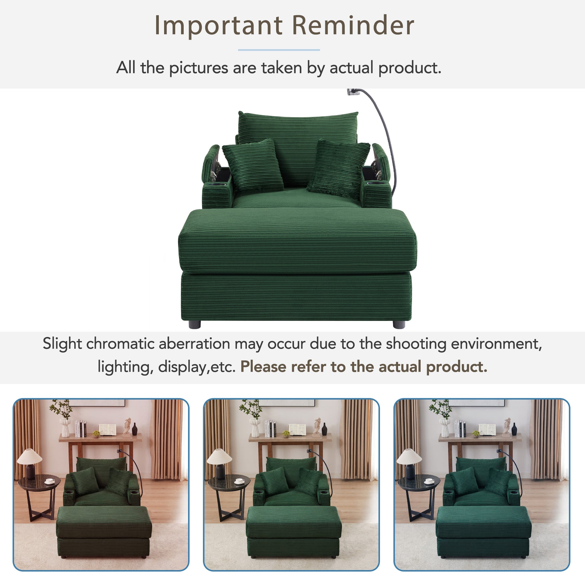 Deep green corduroy recliner chair with integrated cup holders and reading lamp