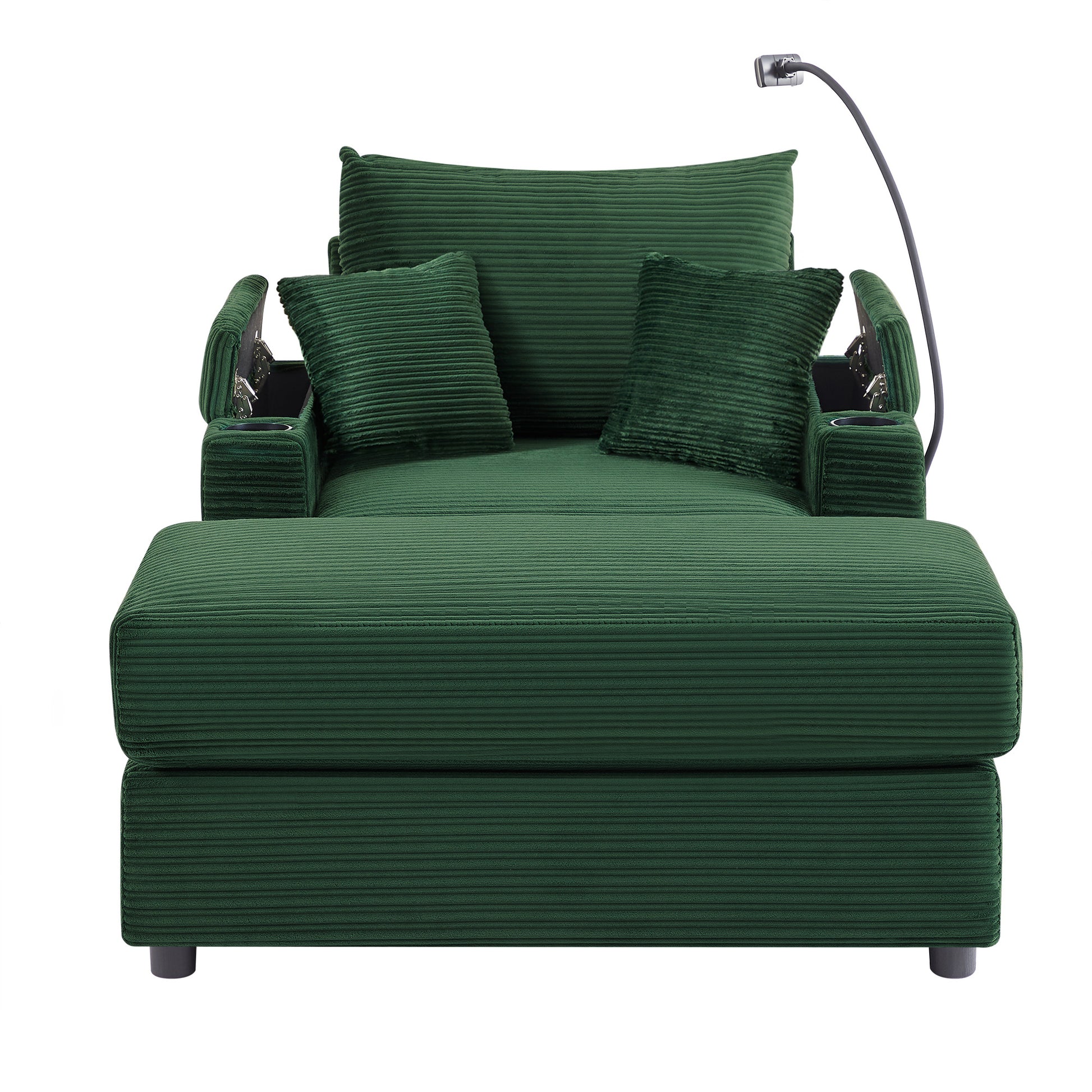 Plush emerald green corduroy recliner with adjustable lamp and cup holders for ultimate comfort
