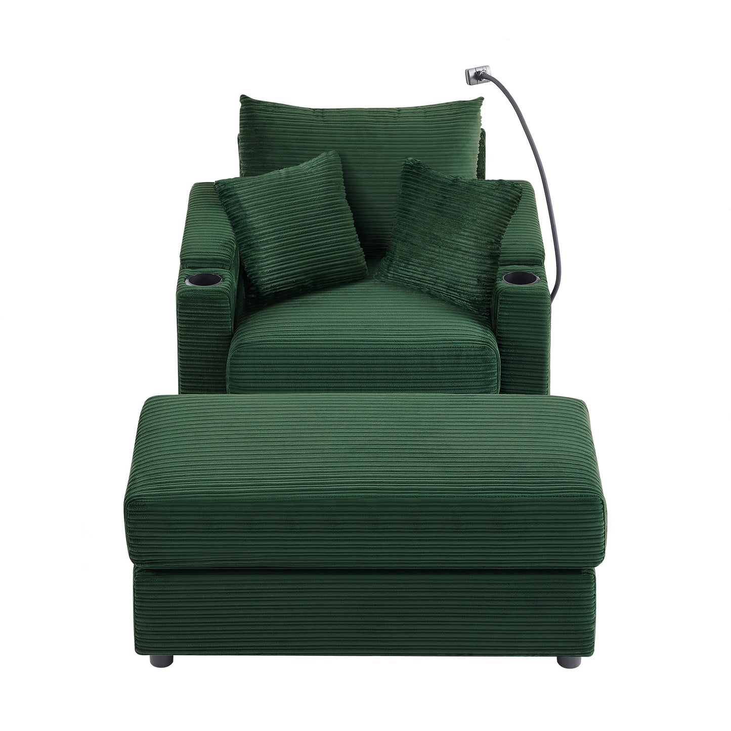 Green corduroy recliner chair with footrest and builtin LED reading lamp for ultimate relaxation