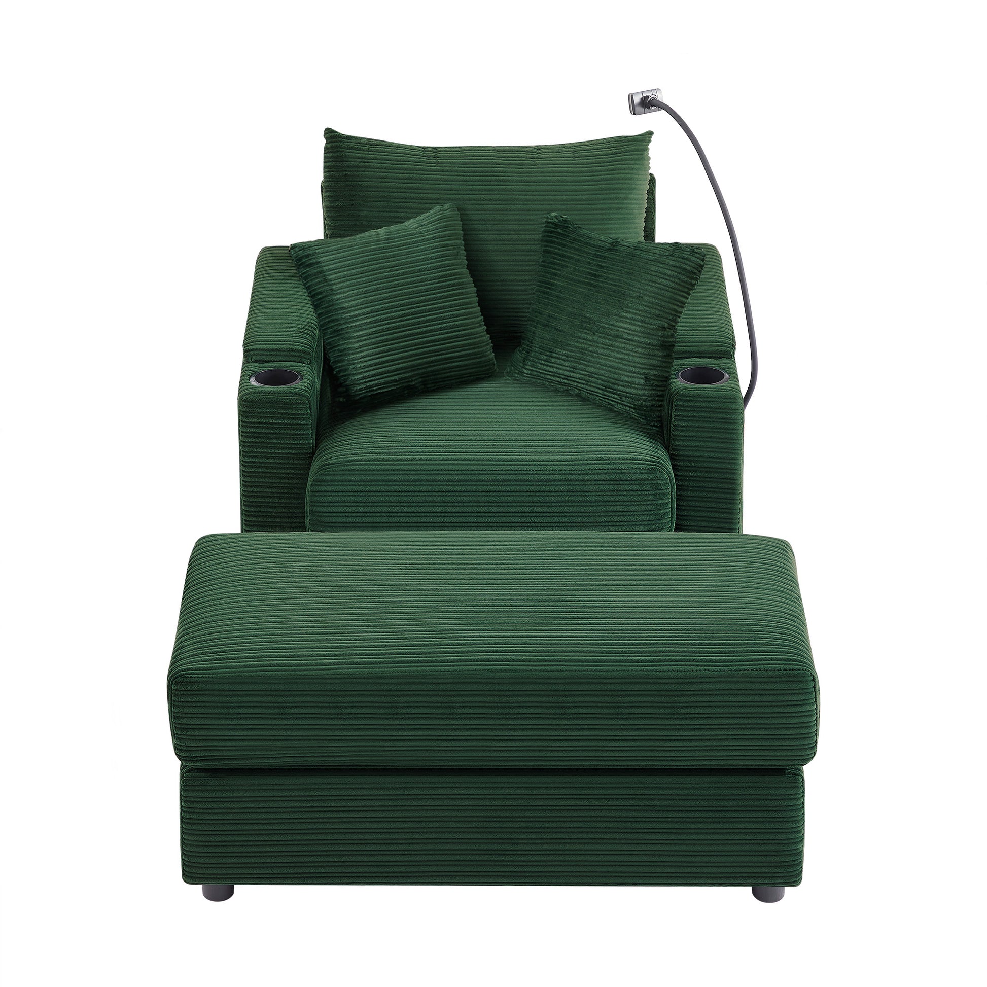 Green corduroy recliner chair with footrest and builtin LED reading lamp for ultimate relaxation