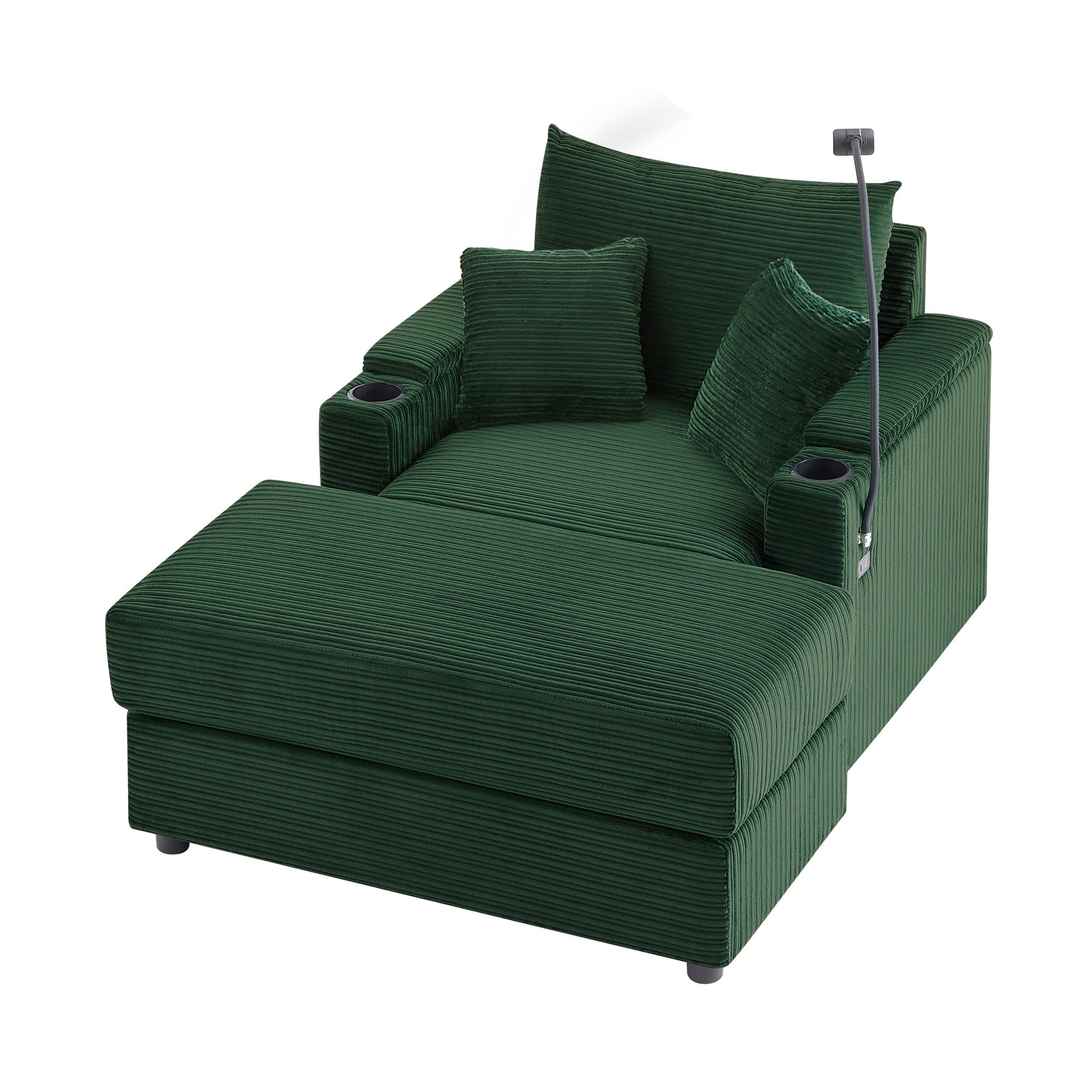 Green corduroy chaise lounge with builtin cup holders for ultimate relaxation