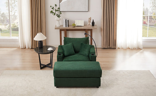 Plush green corduroy accent chair with matching ottoman and plush pillows for ultimate comfort
