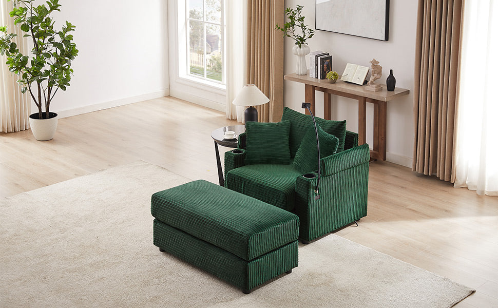 Plush green corduroy armchair and ottoman set with builtin cup holders