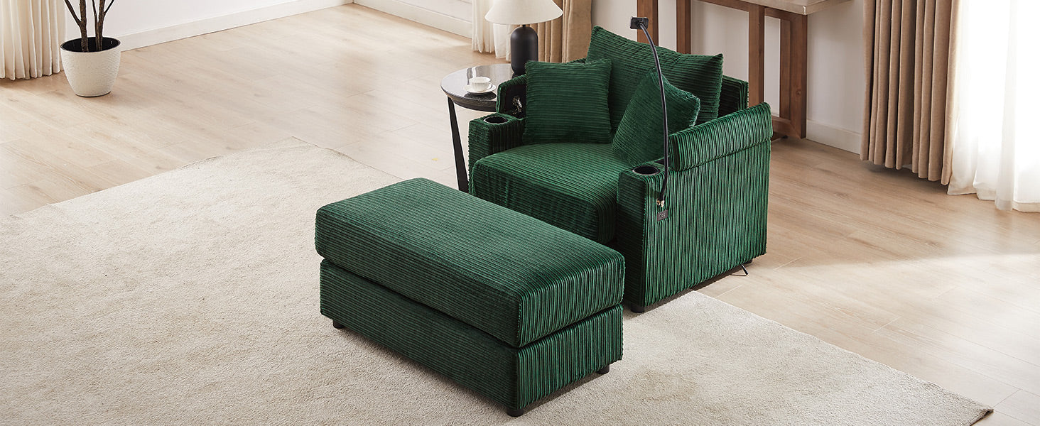 Deep green corduroy armchair with plush cushions and matching ottoman for ultimate comfort
