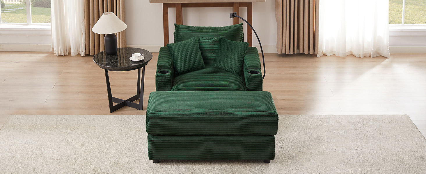 Green corduroy recliner chair with ottoman and builtin cup holders