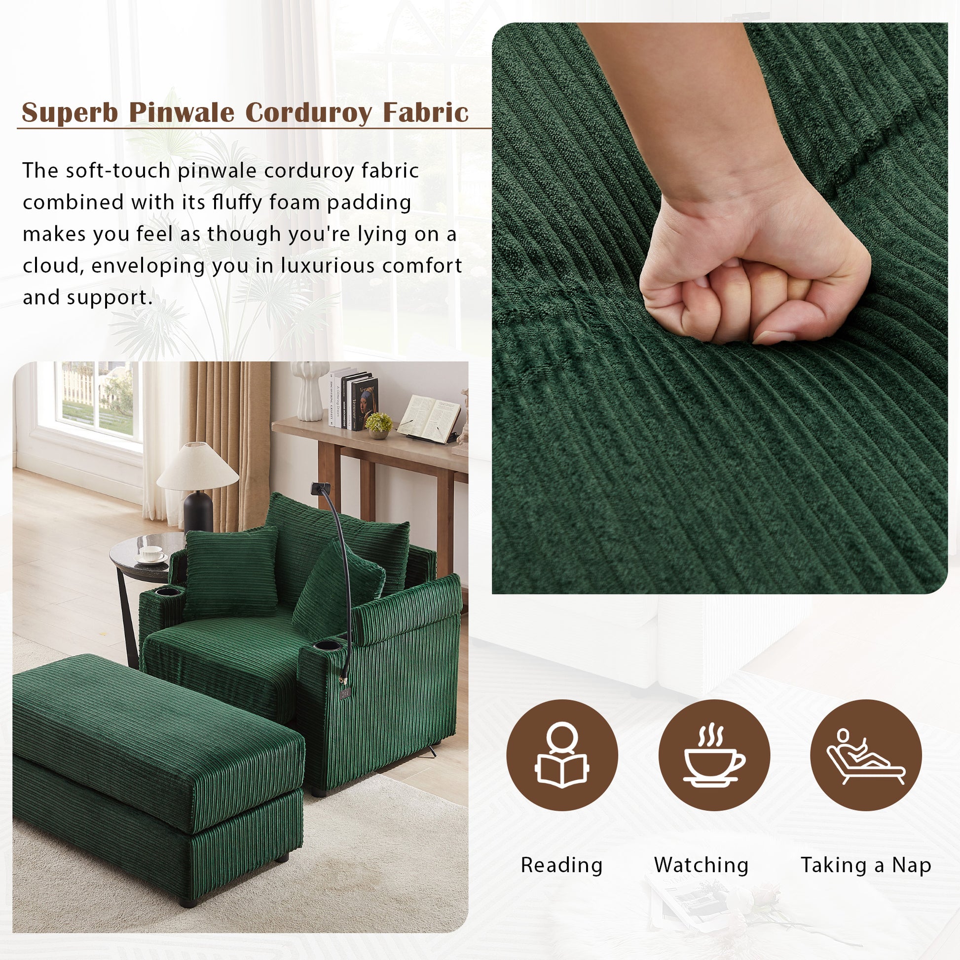 Dark green corduroy armchair and ottoman set with plush foam padding for comfort