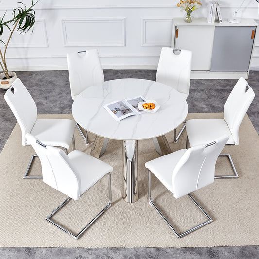 Modern white faux leather dining chairs with chrome sled legs