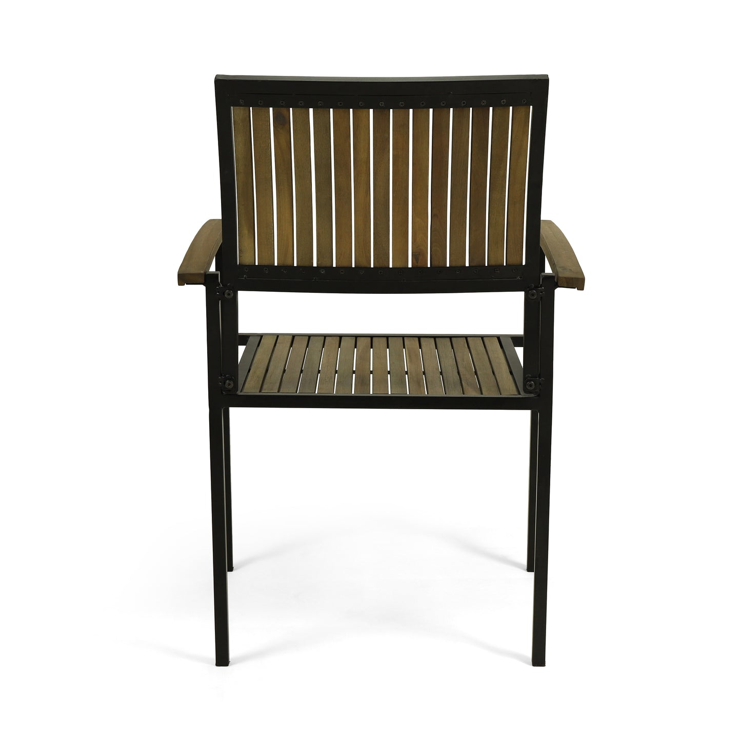 Modern outdoor patio chair with natural wood slats and black metal frame