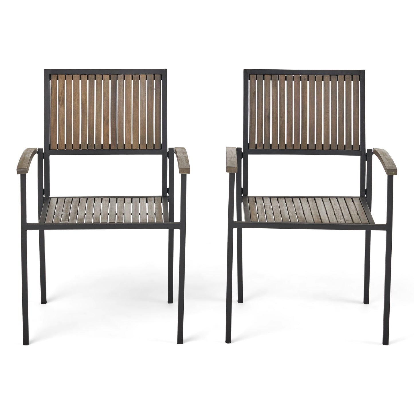 Two modern outdoor chairs with black metal frames and slatted wood seatsbacks