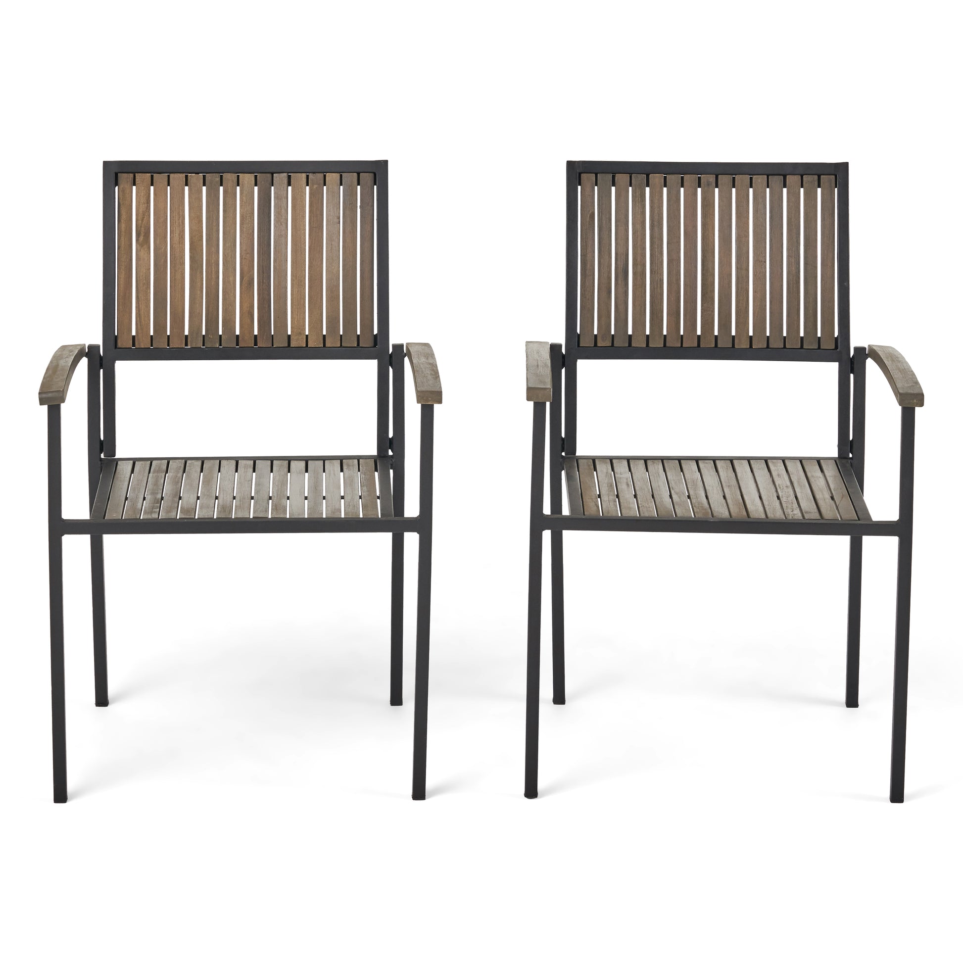 Two modern outdoor chairs with black metal frames and slatted wood seatsbacks