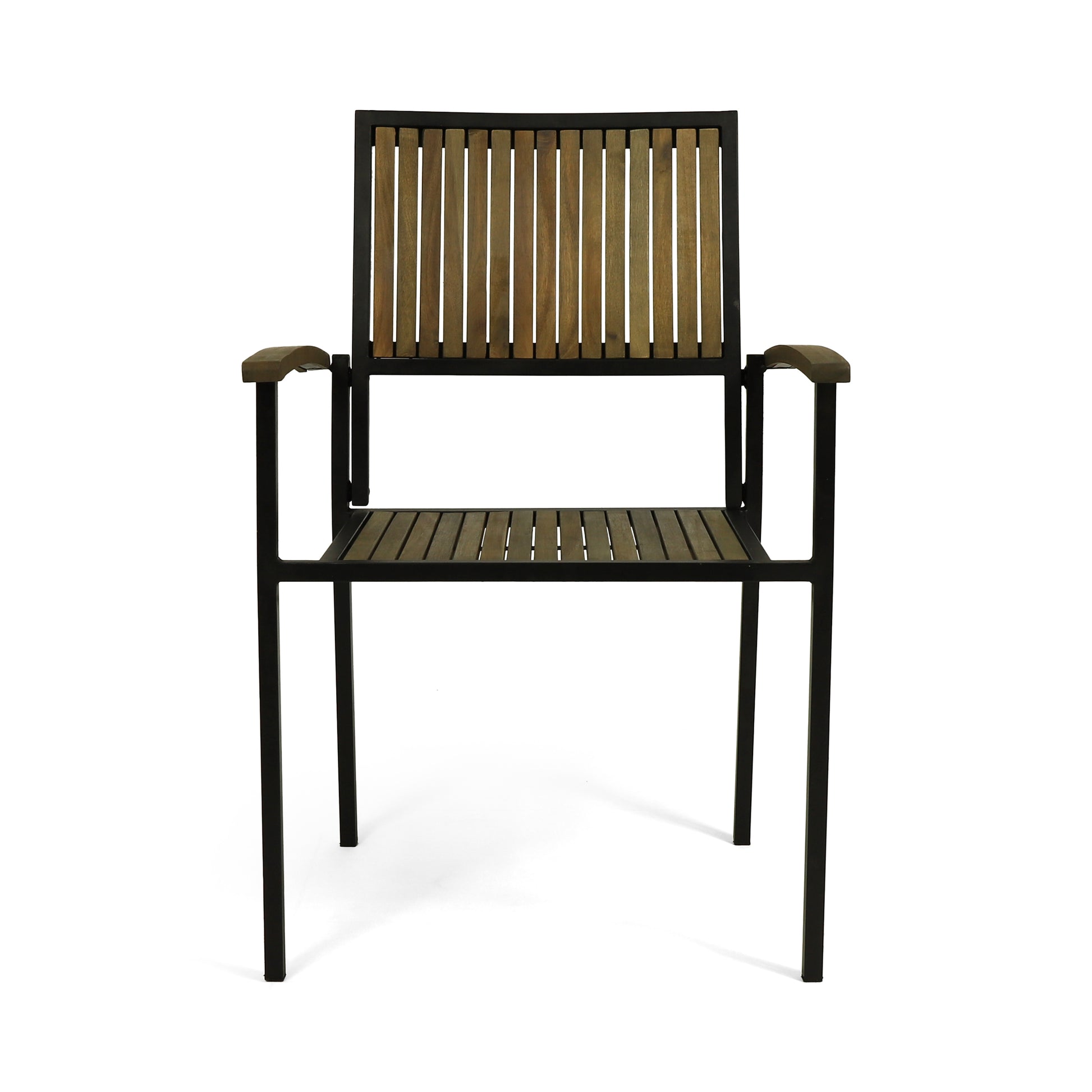 Black metal outdoor chair with slatted wood seat and backrest