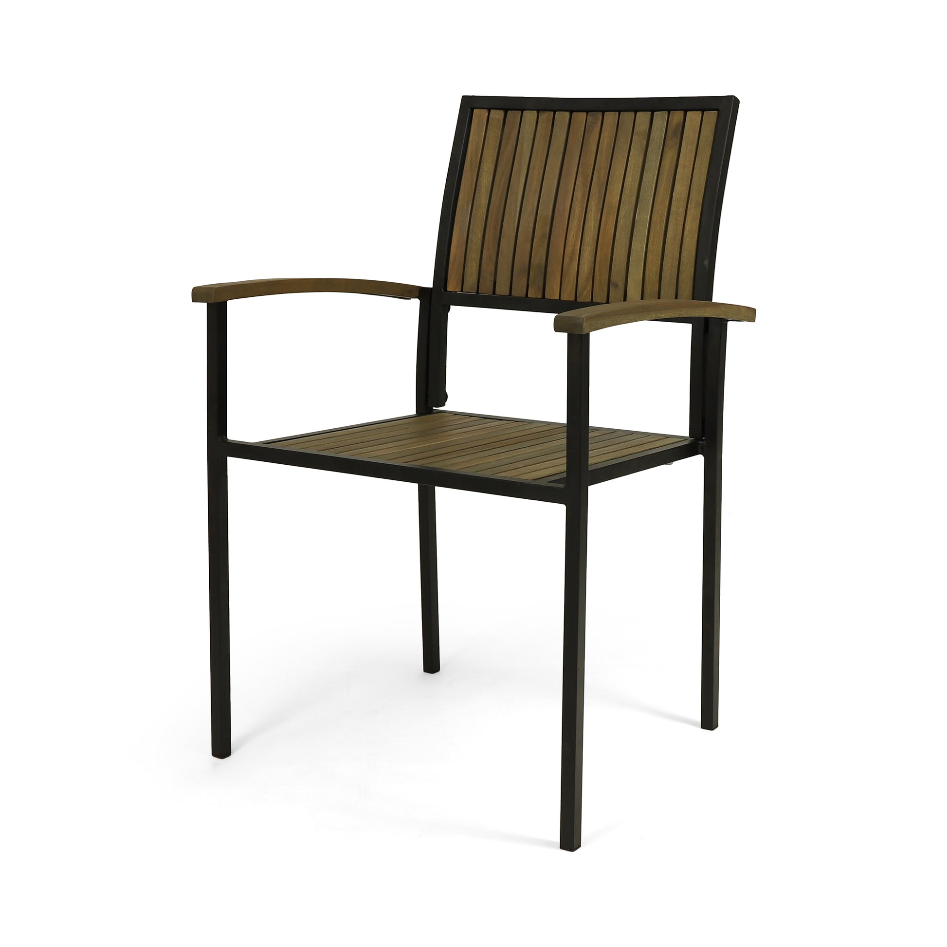 Wooden slatted armchair with black metal frame perfect for patio dining
