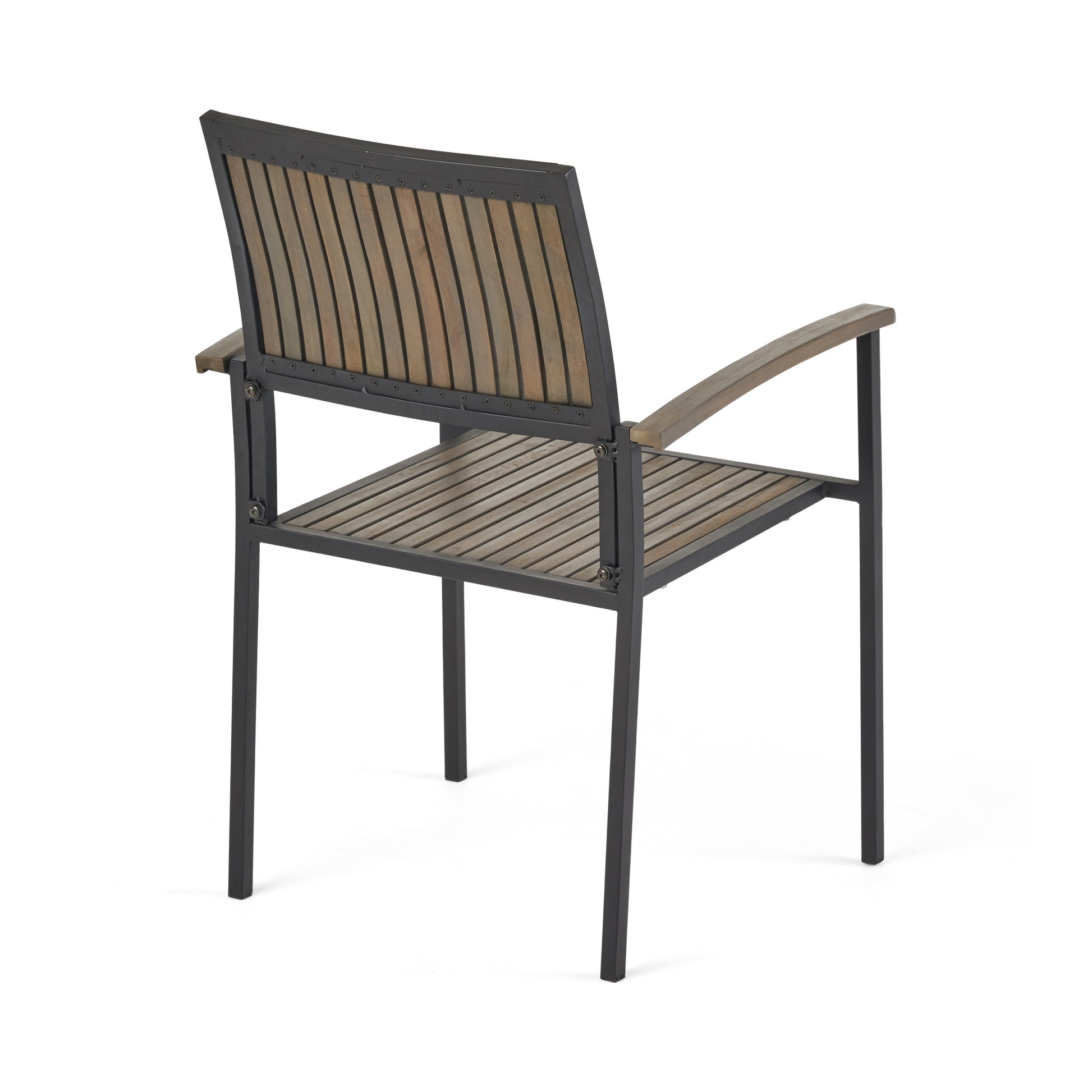 Modern outdoor dining chair with slatted wood seat and backrest dark metal frame