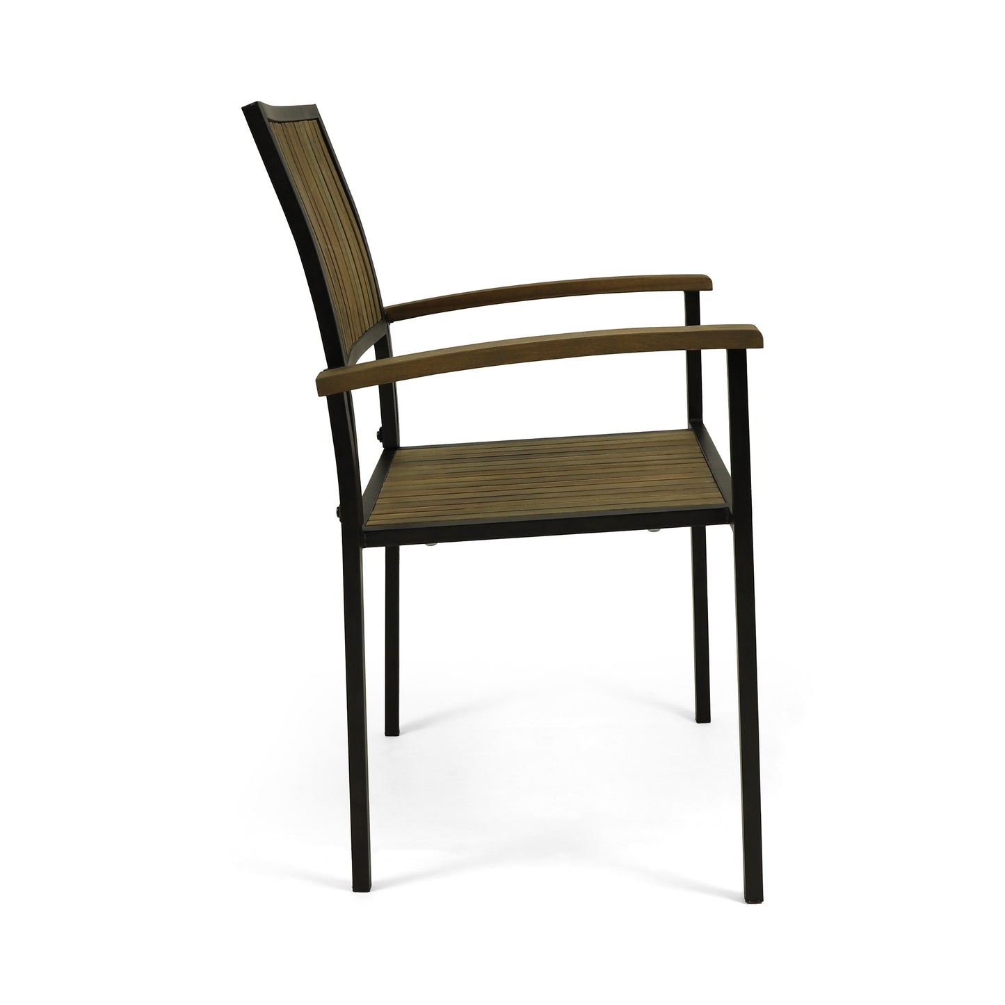 Modern outdoor chair with brown slatted seat and black metal frame