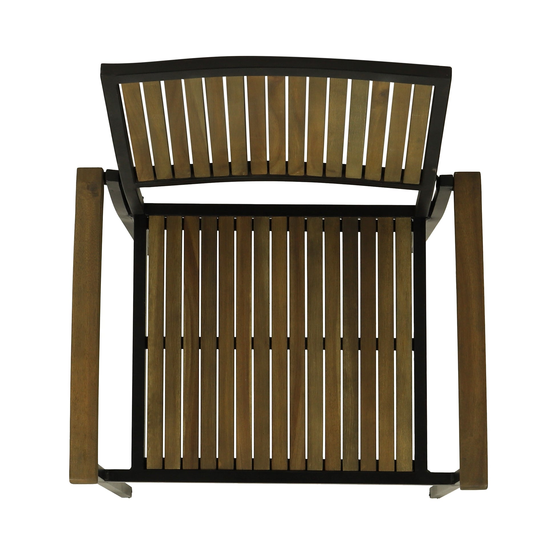 Wooden slatted outdoor chair with dark metal frame contemporary design