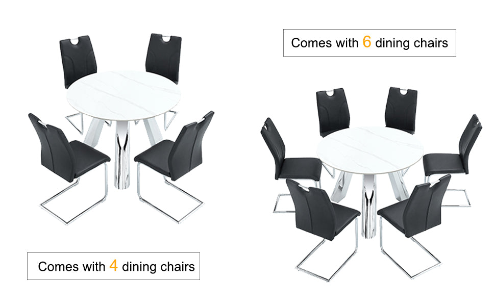 White marble top dining table with  black leather chairs