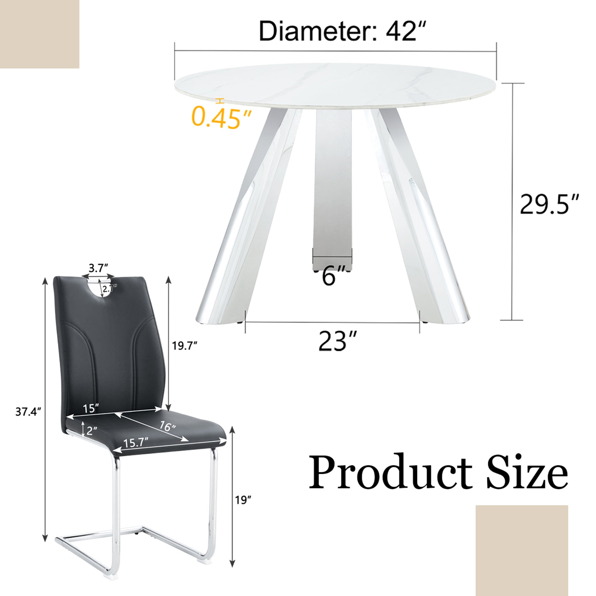 Round dining table with white marble top chrome pedestal base  diameter  height