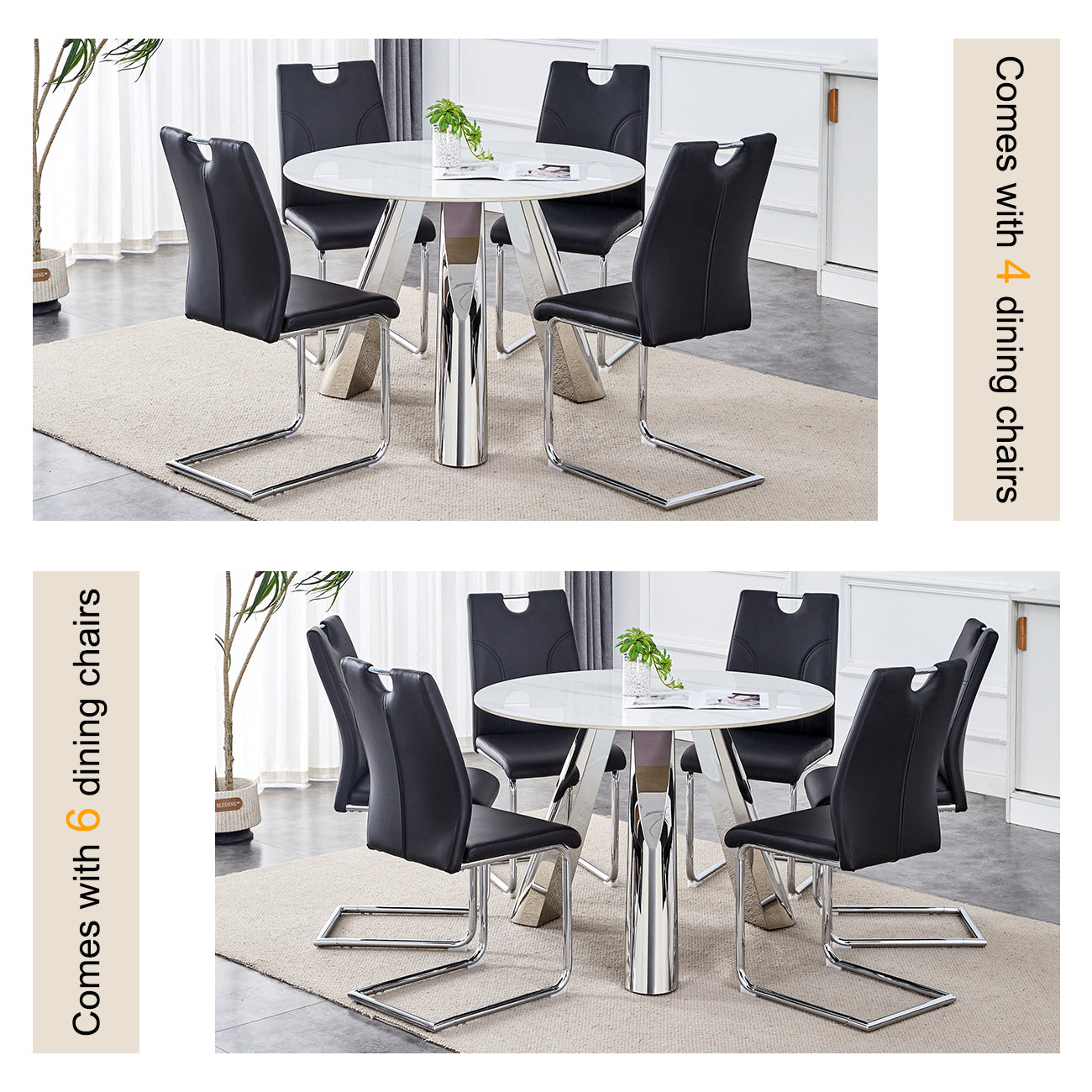 Modern white marble dining table with four black faux leather cantilever chairs