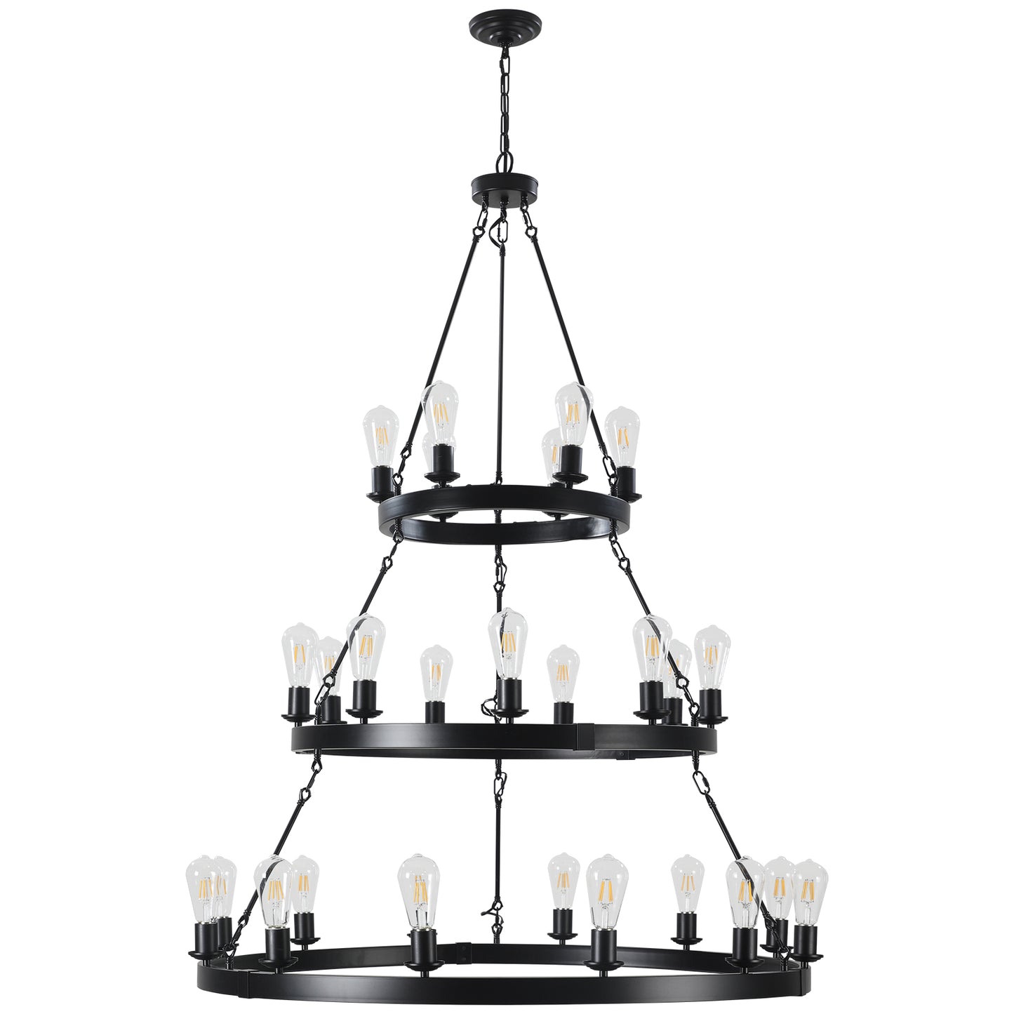 Black wrought iron tier wagon wheel chandelier with Edison bulbs