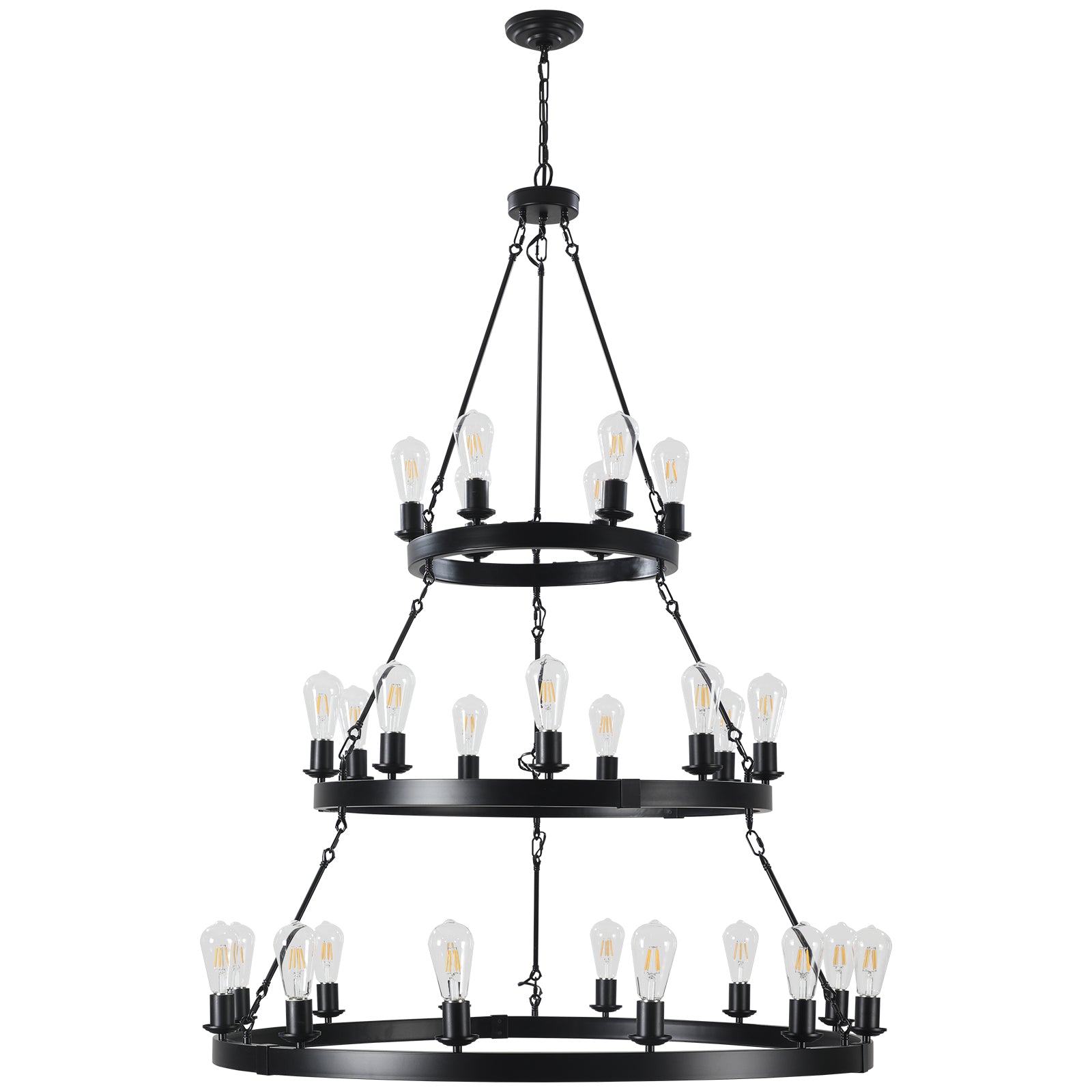Black wrought iron tier wagon wheel chandelier with Edison bulbs