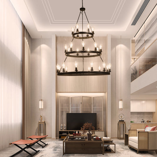 Black metal tiered chandelier with exposed Edison bulbs ideal for a grand living room