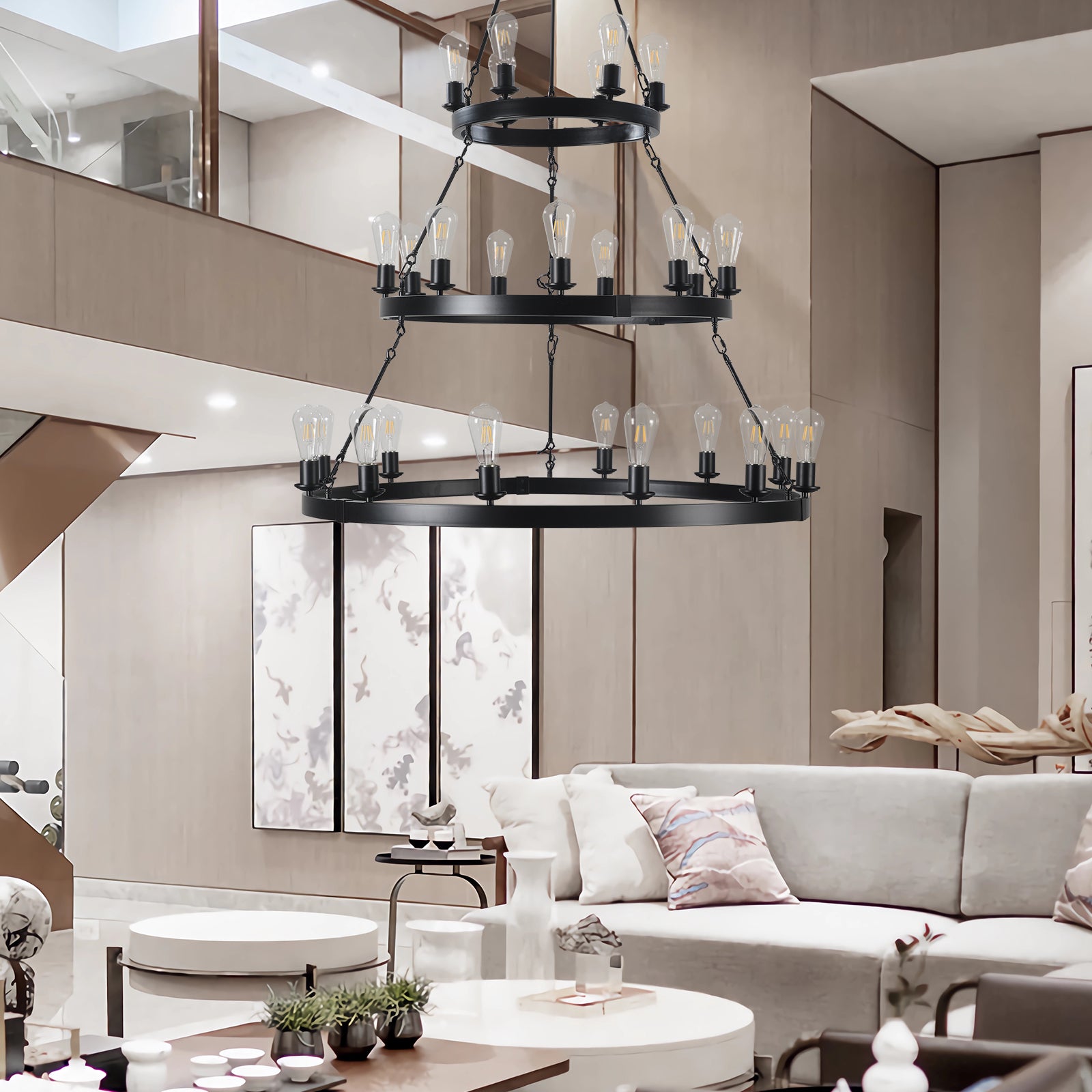 Twotier black chandelier with Edison bulbs industrial style lighting for dining rooms