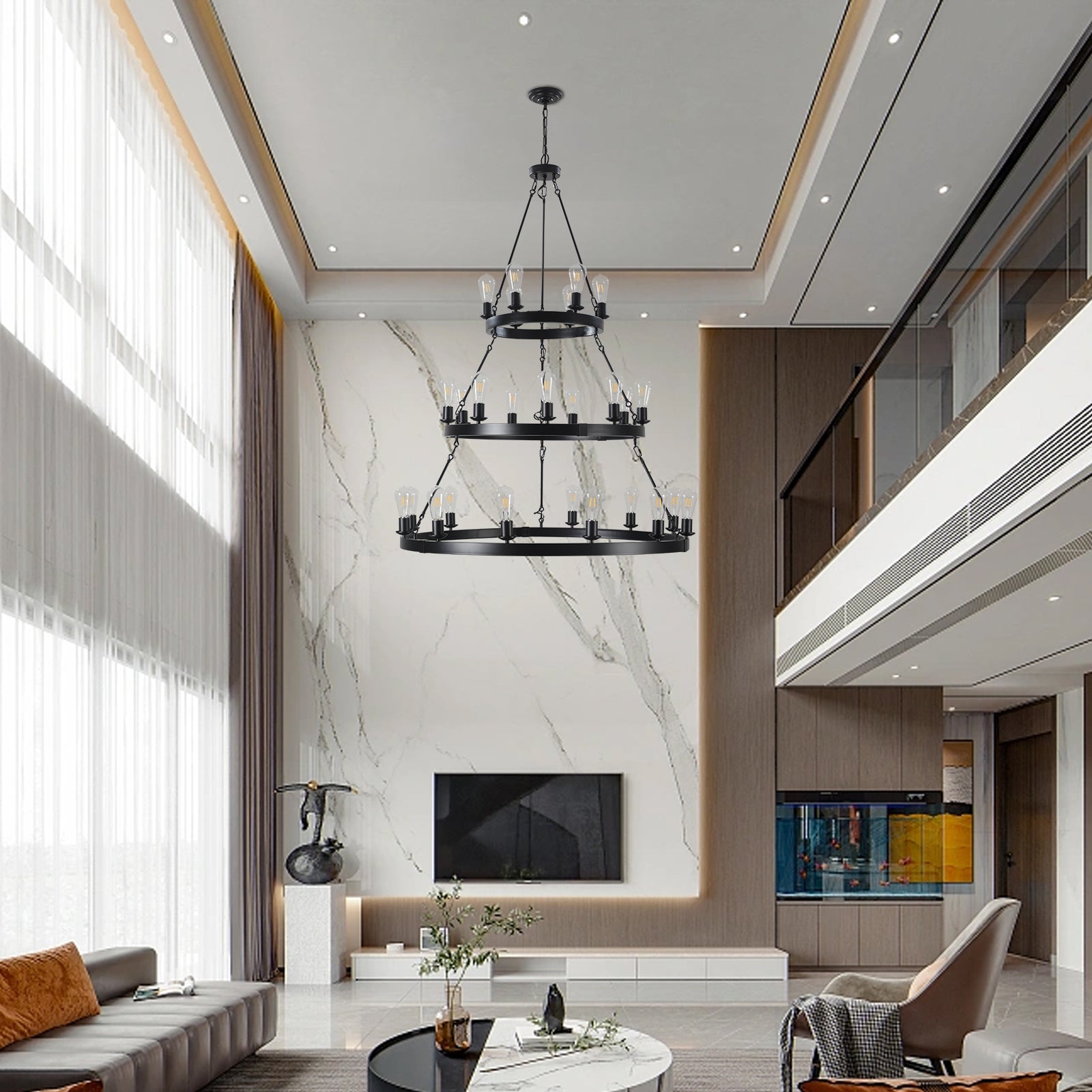 Twotier black metal chandelier with Edison bulbs illuminating a modern living room