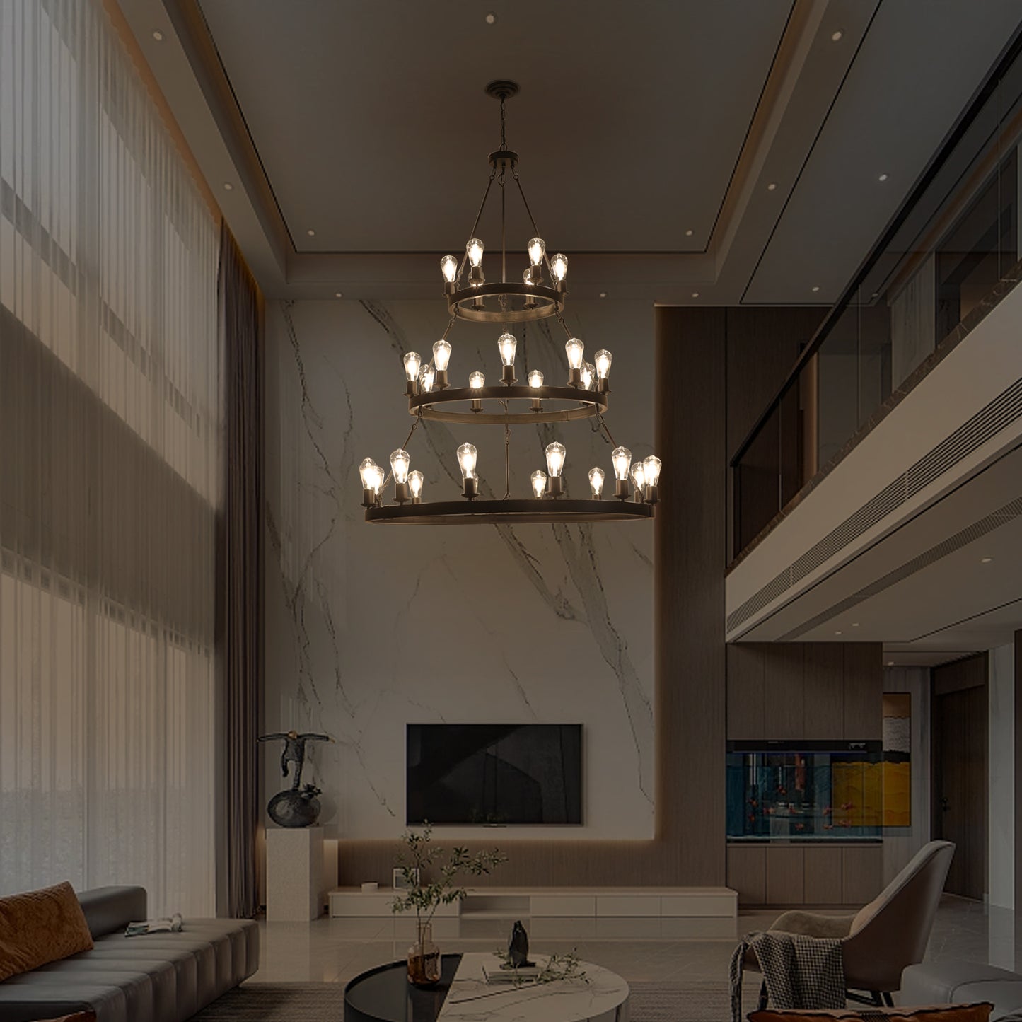 Rustic black metal chandelier with  Edison bulbs illuminating a modern living room