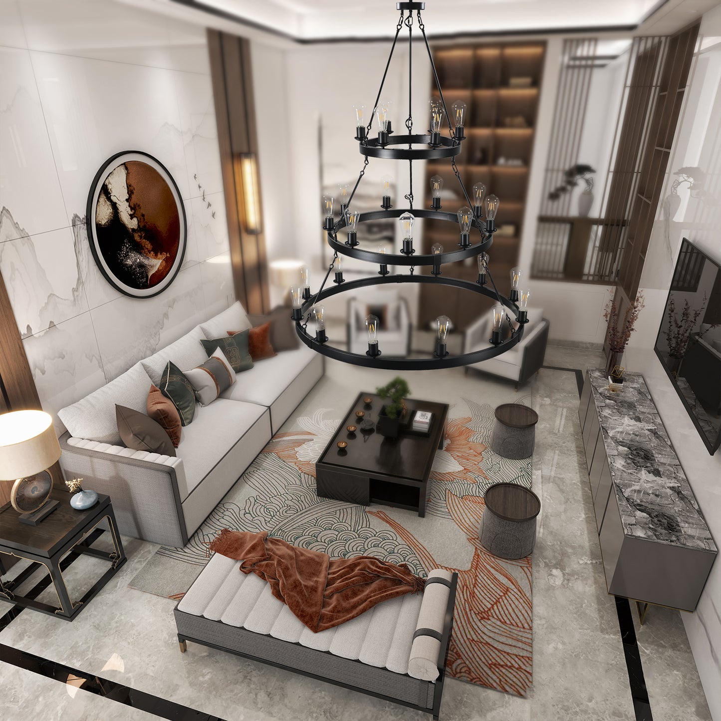 Twotier black metal chandelier with Edison bulbs perfect for modern living rooms