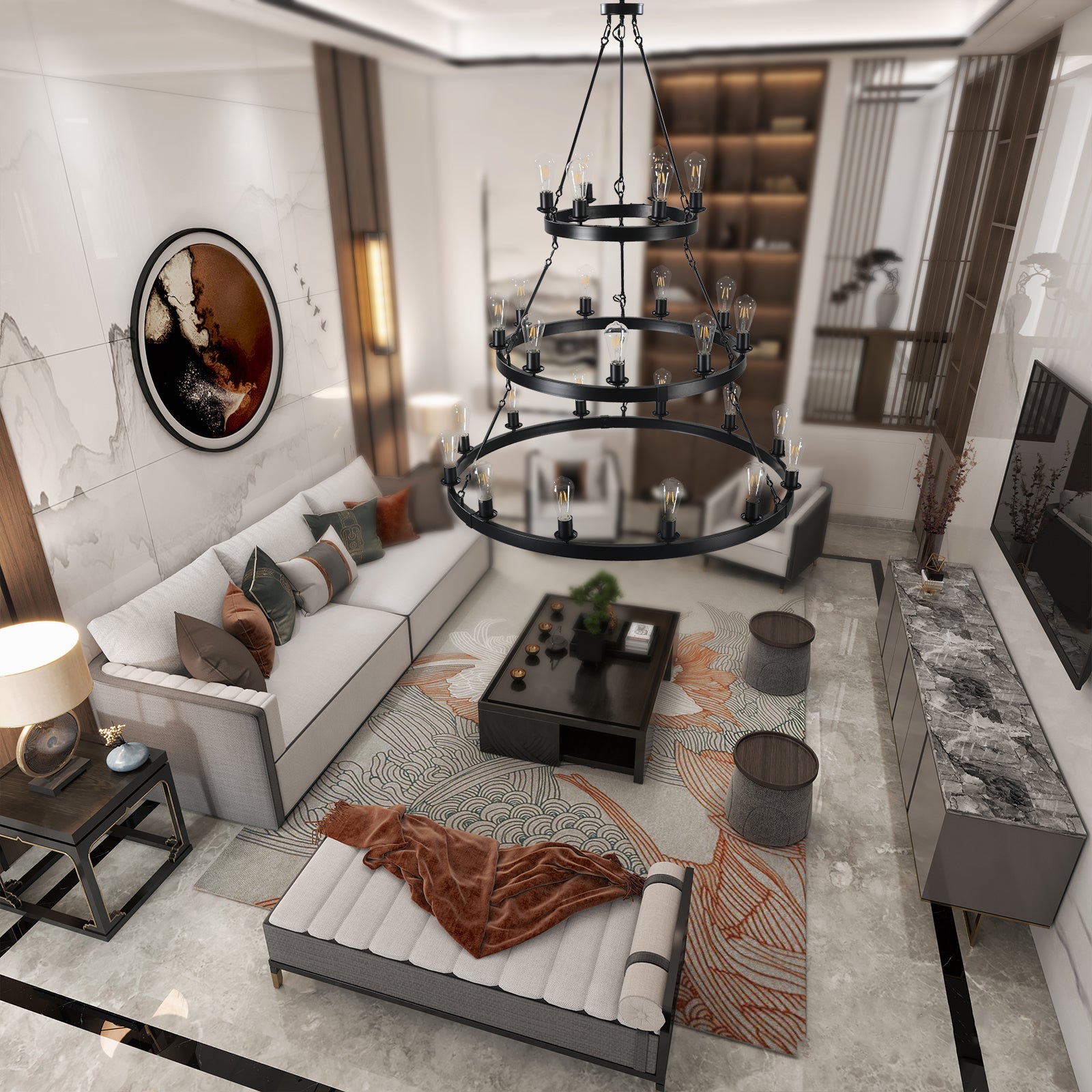 Twotier black metal chandelier with Edison bulbs perfect for modern living rooms