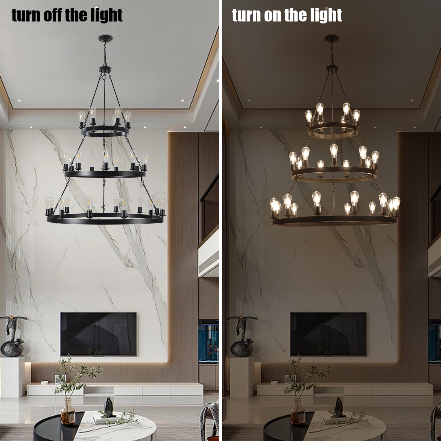 Black twotier industrial chandelier with exposed Edison bulbs illuminating a living room
