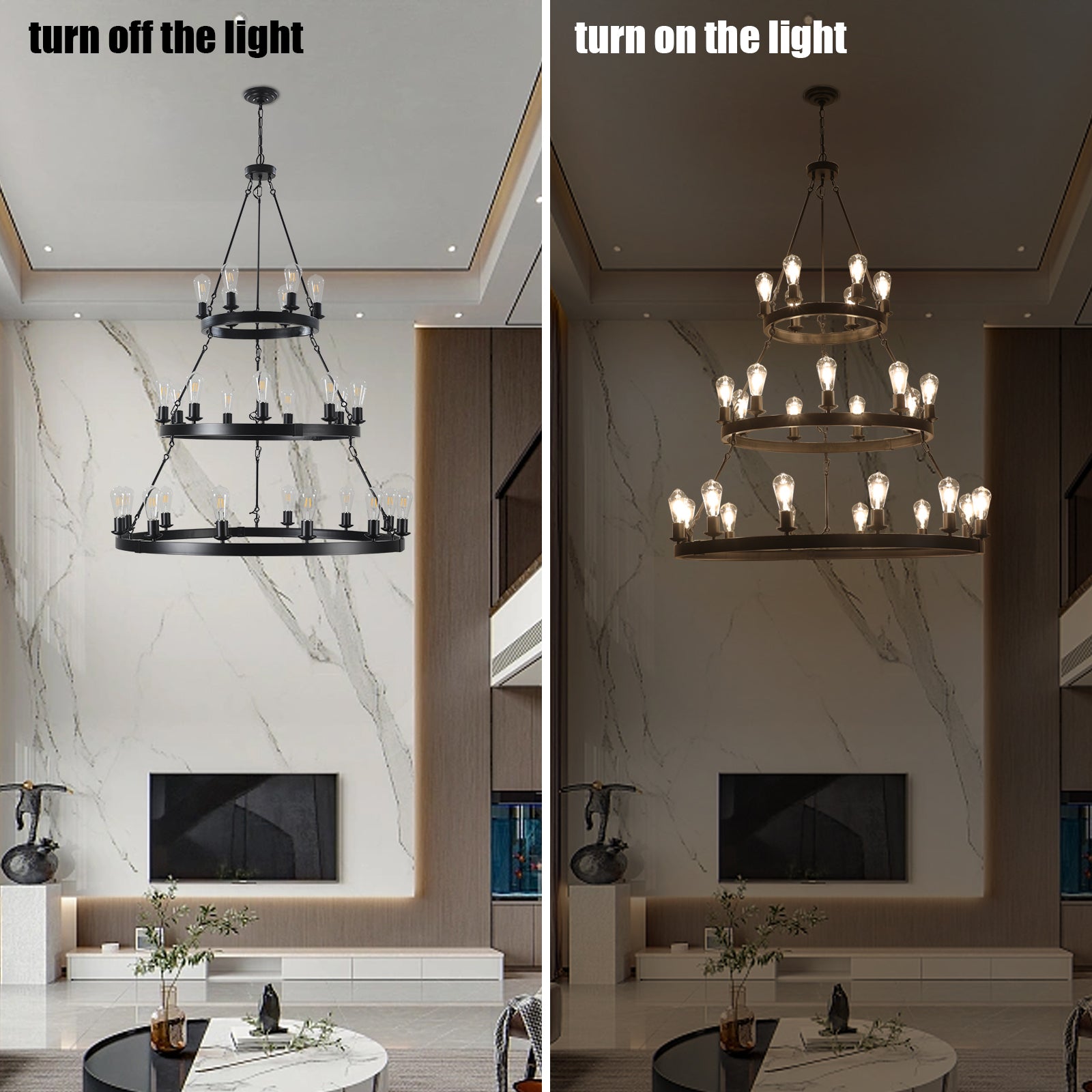 Black twotier industrial chandelier with exposed Edison bulbs illuminating a living room