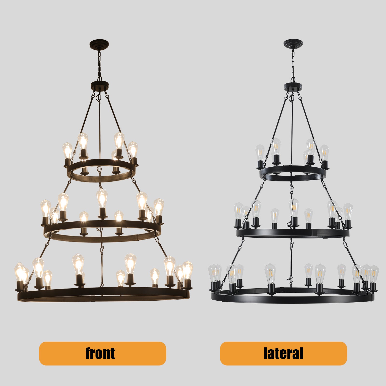 Twotier industrial wagon wheel chandelier with Edison bulbs in black finish