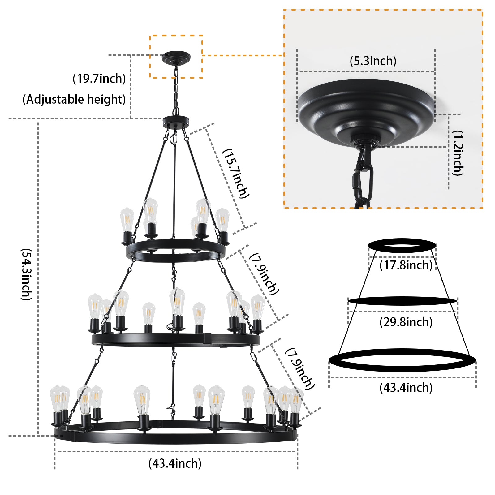 Black tier wagon wheel chandelier with Edison bulbs inch diameter