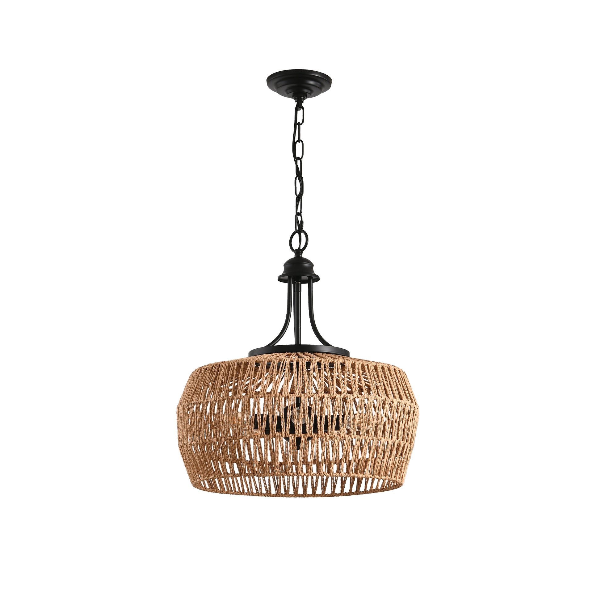 Woven jute pendant light with black metal accents ideal for bohemian decor