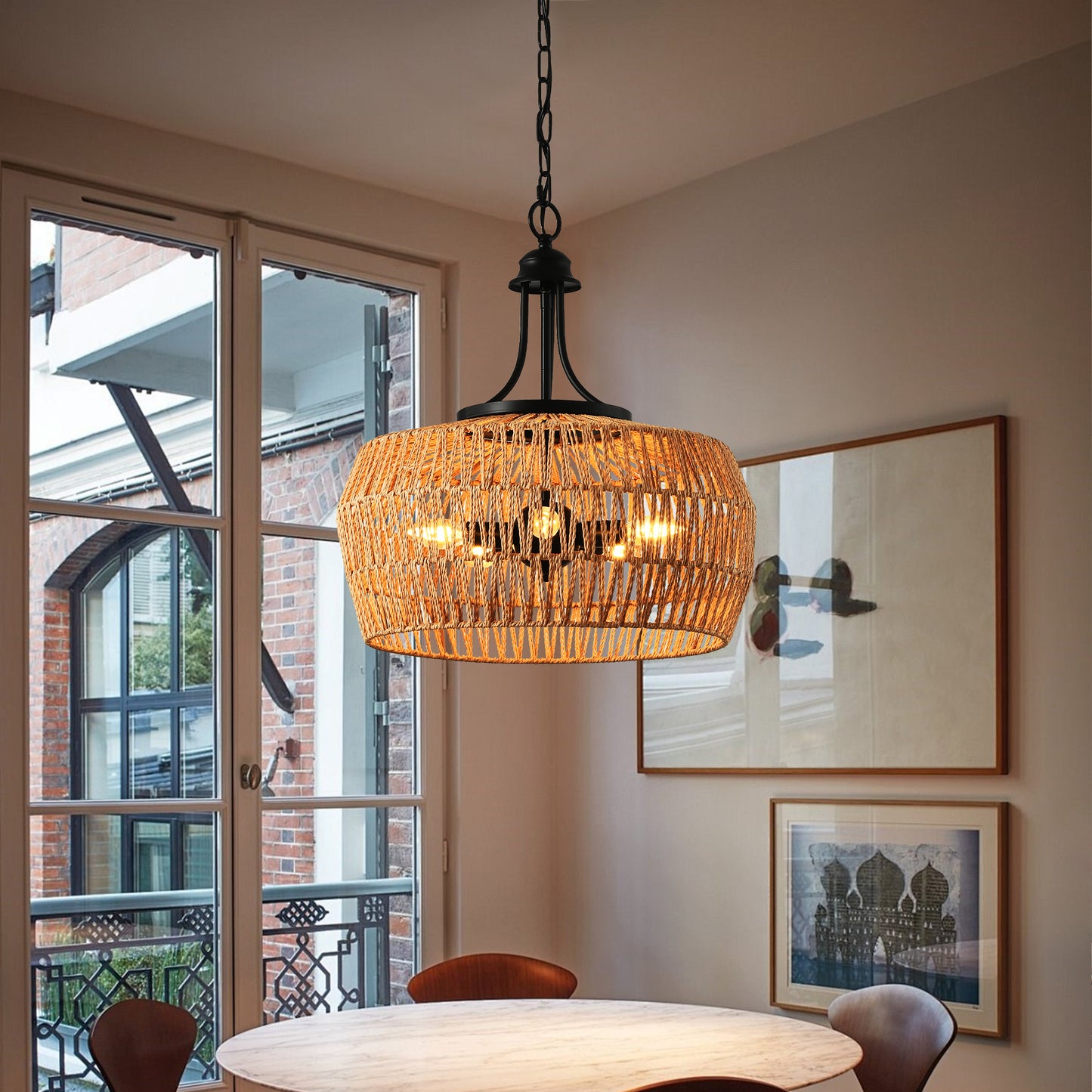 Natural jute pendant light with black metal accents ideal for boho dining room decor