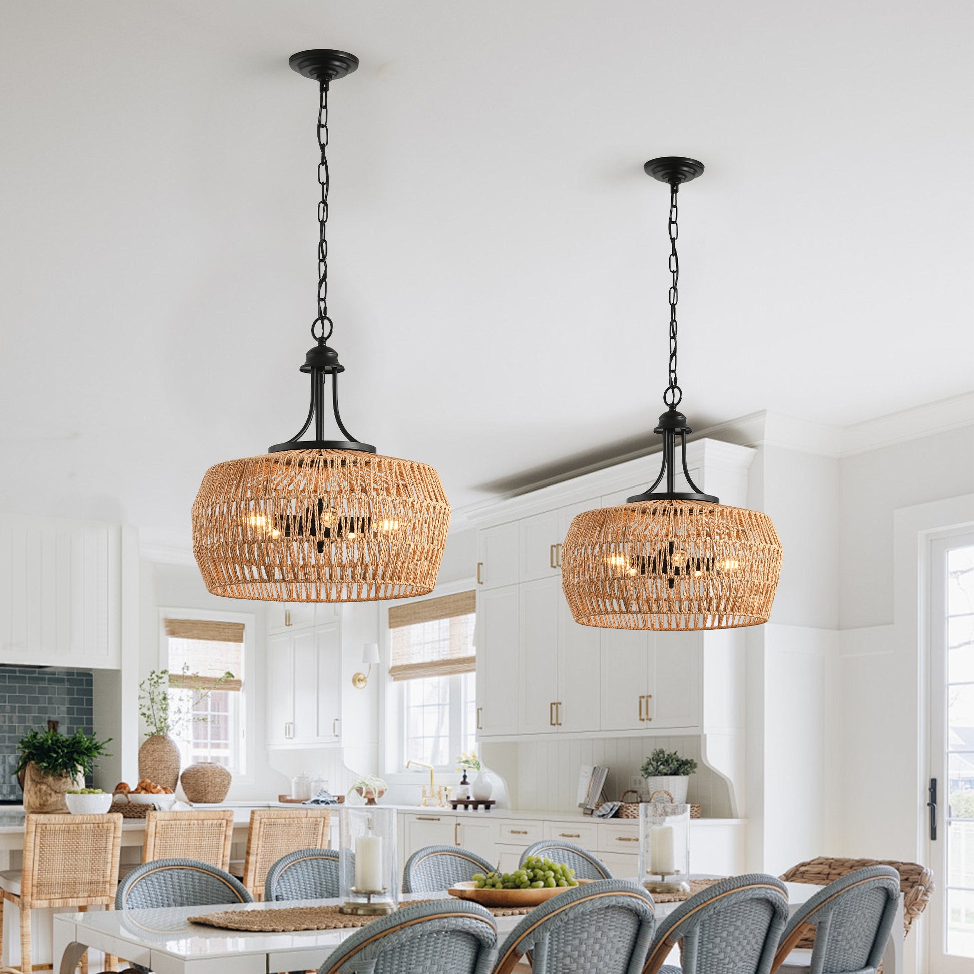 Woven pendant light fixture with black chain and hardware adding coastal charm