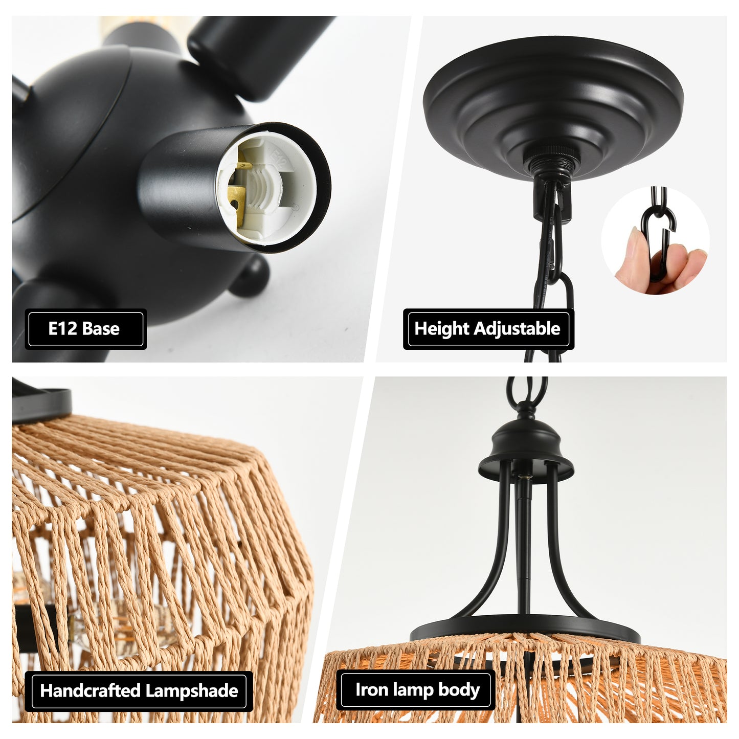 Black metal chandelier with E base and adjustable height for versatile placement