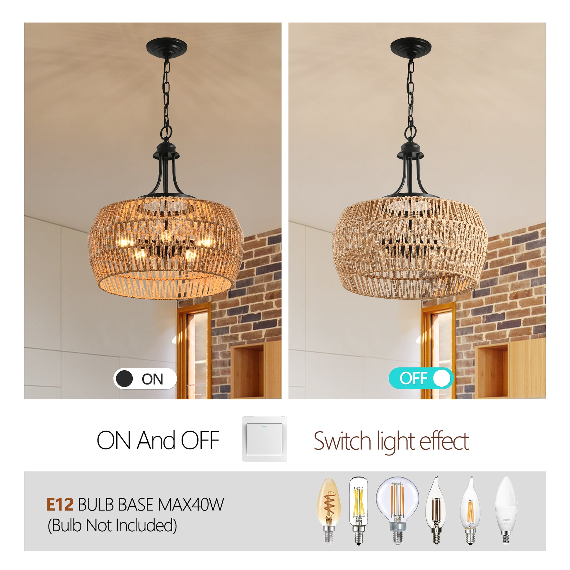 Rattan pendant light fixture with black chain natural fiber weave