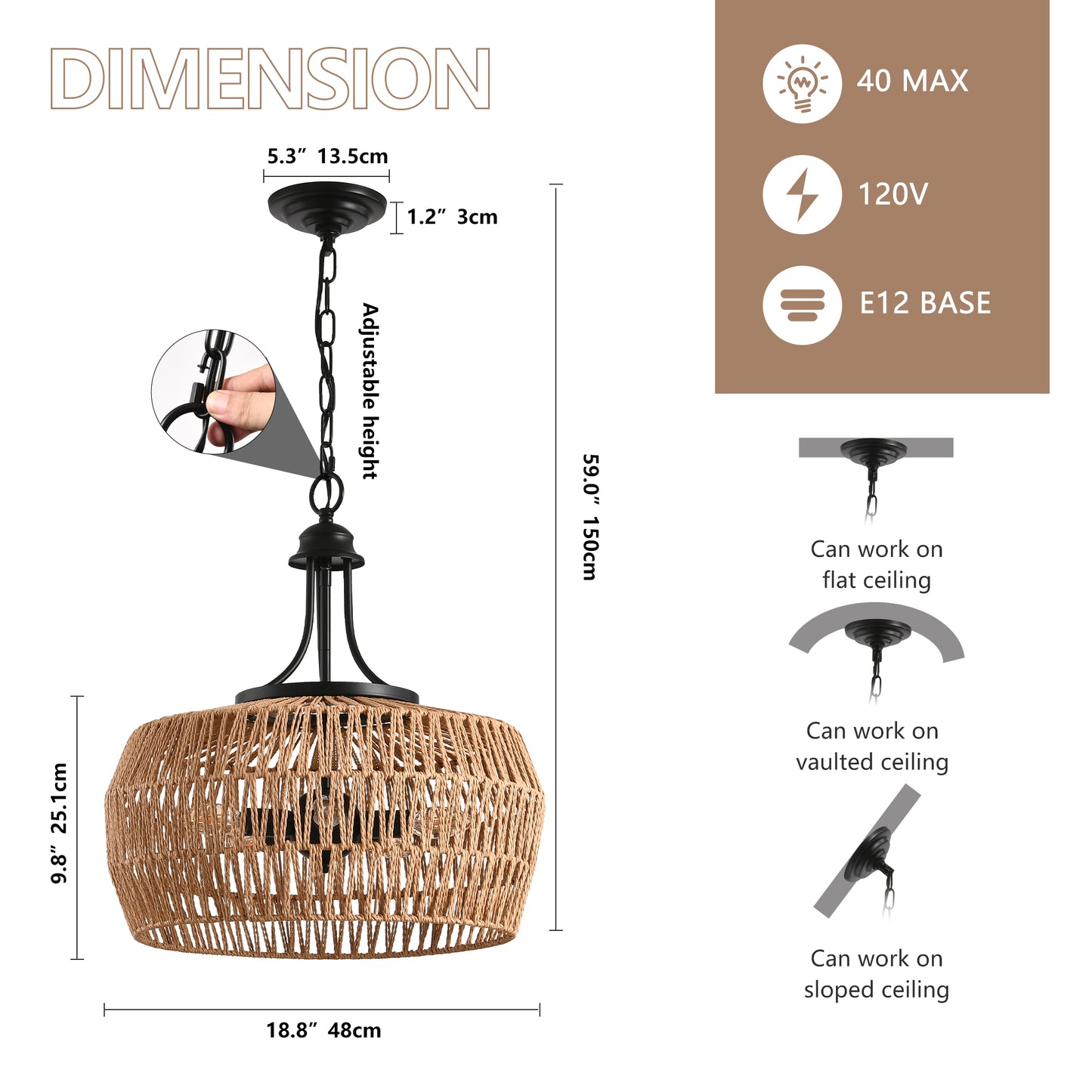 Woven jute pendant light with adjustable height  wide