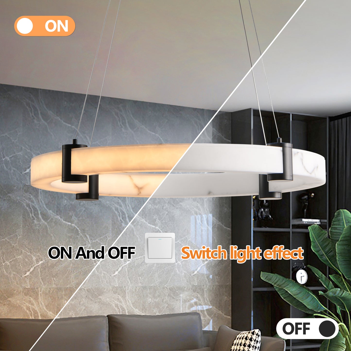 Modern LED pendant light with warm glow and marble effect  characters