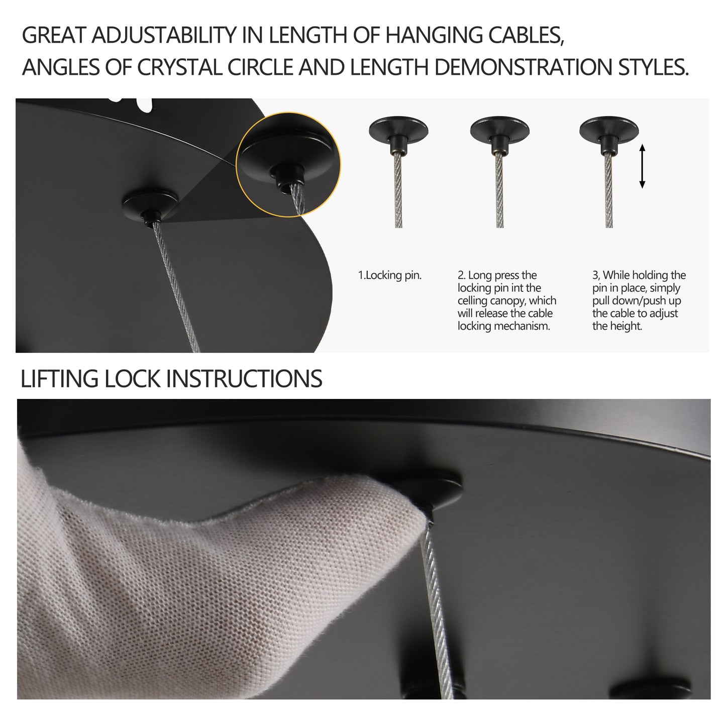 Closeup of a black cable locking pin mechanism for adjustable lighting fixtures