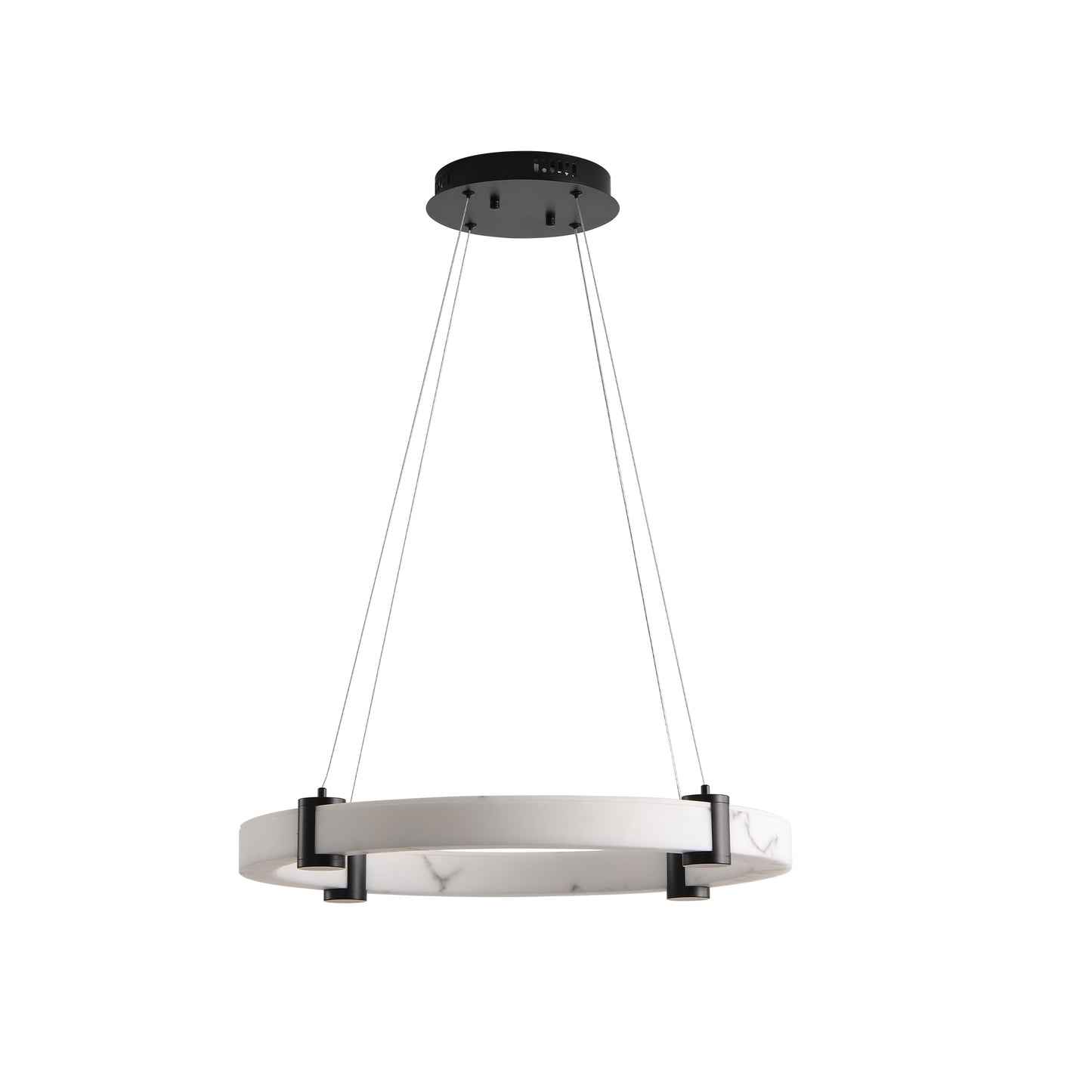 Modern circular pendant light with white marble effect and black accents