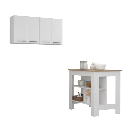 TREATLIFE HOME 5-Shelf 4-Door Kitchen Set with Island and Wall Cabinet, White and Light Oak Finish
