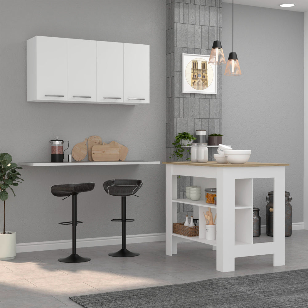 White kitchen island with wood top and open shelving