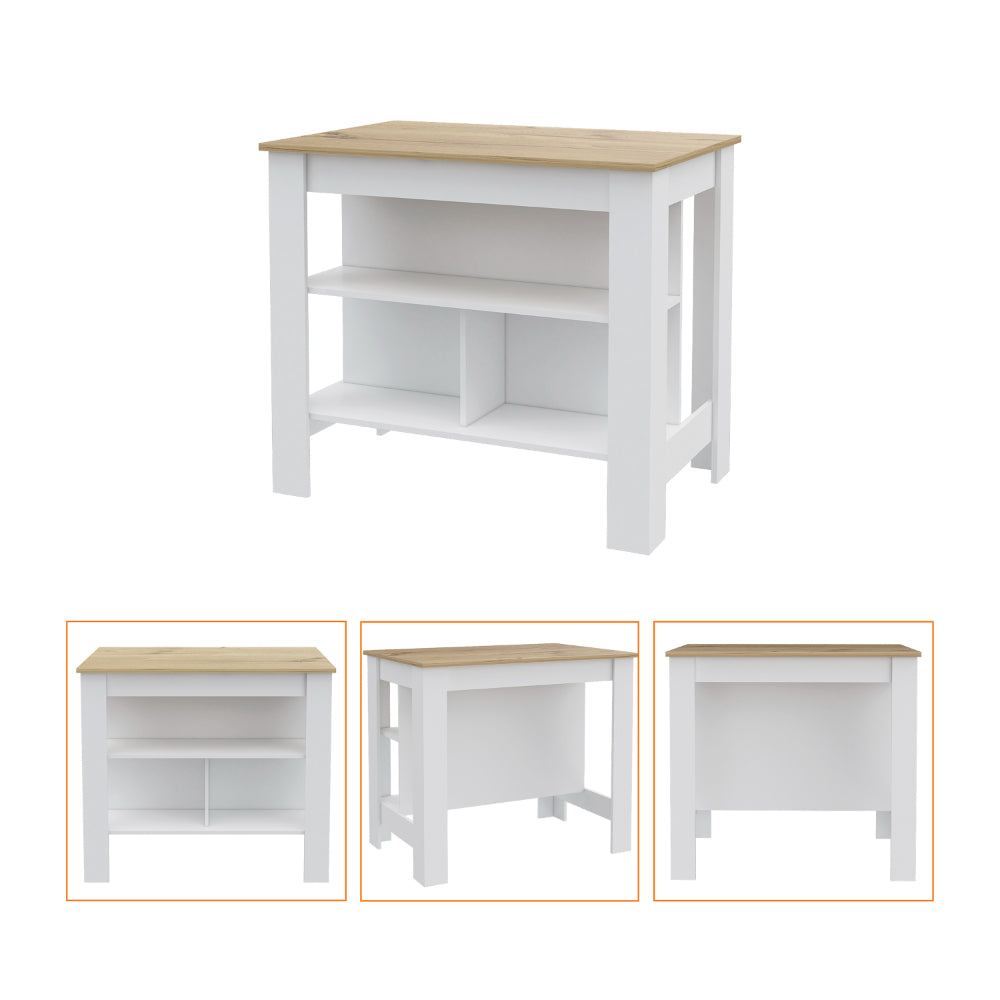 White wood kitchen island with open shelves