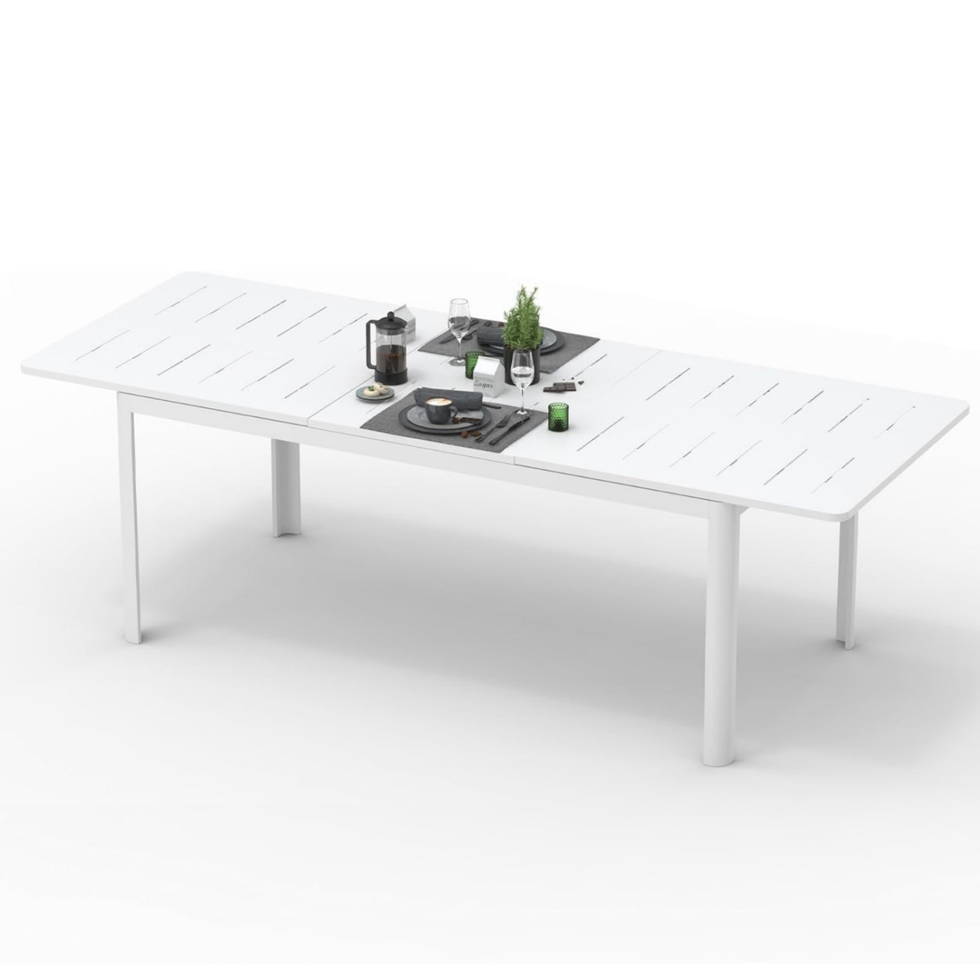 Modern white outdoor dining table with slatted top and minimalist legs