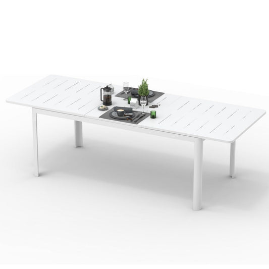 Modern white outdoor dining table with slatted top and minimalist legs